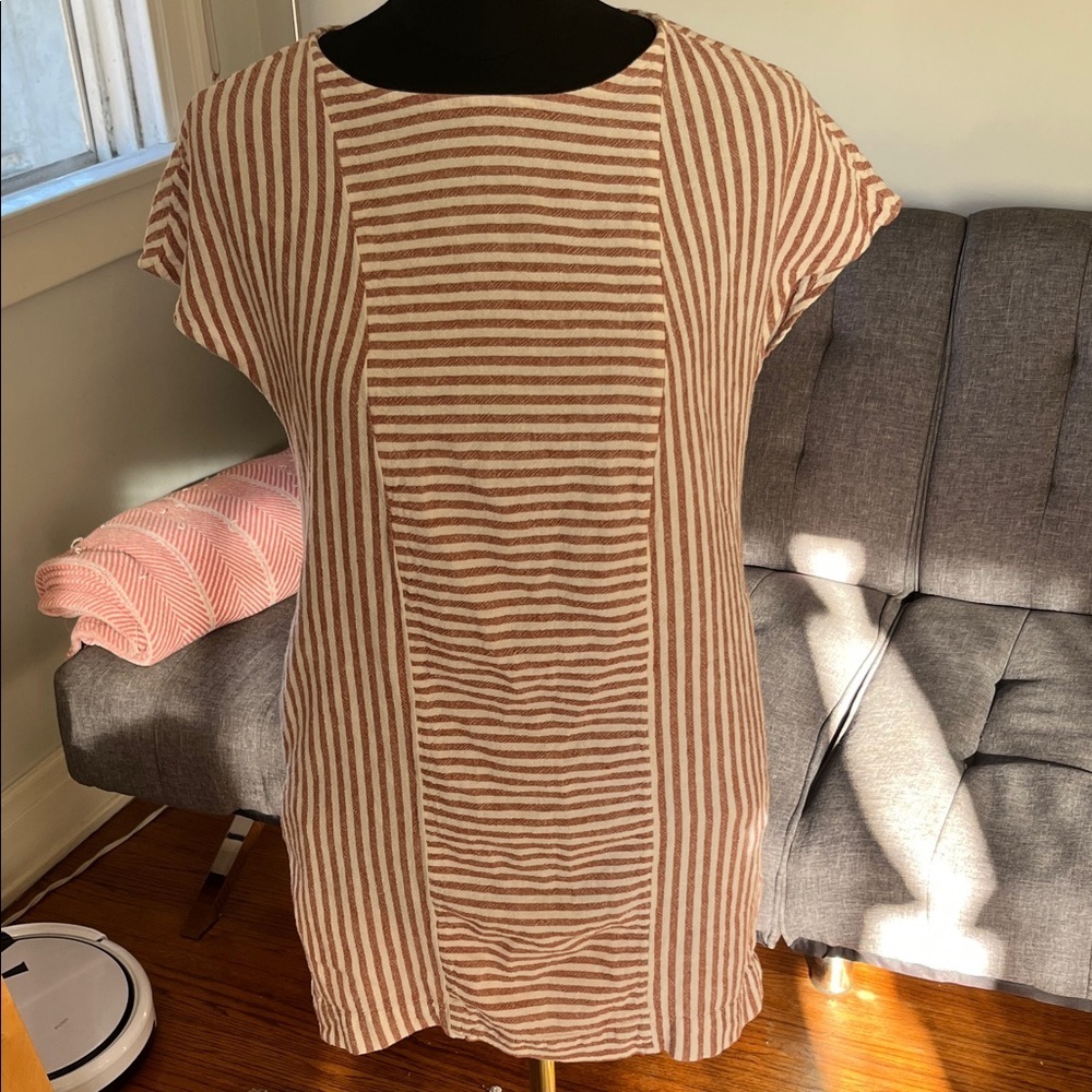 Madewell linen blend Brown and White Striped Dress with back buttons. size XS